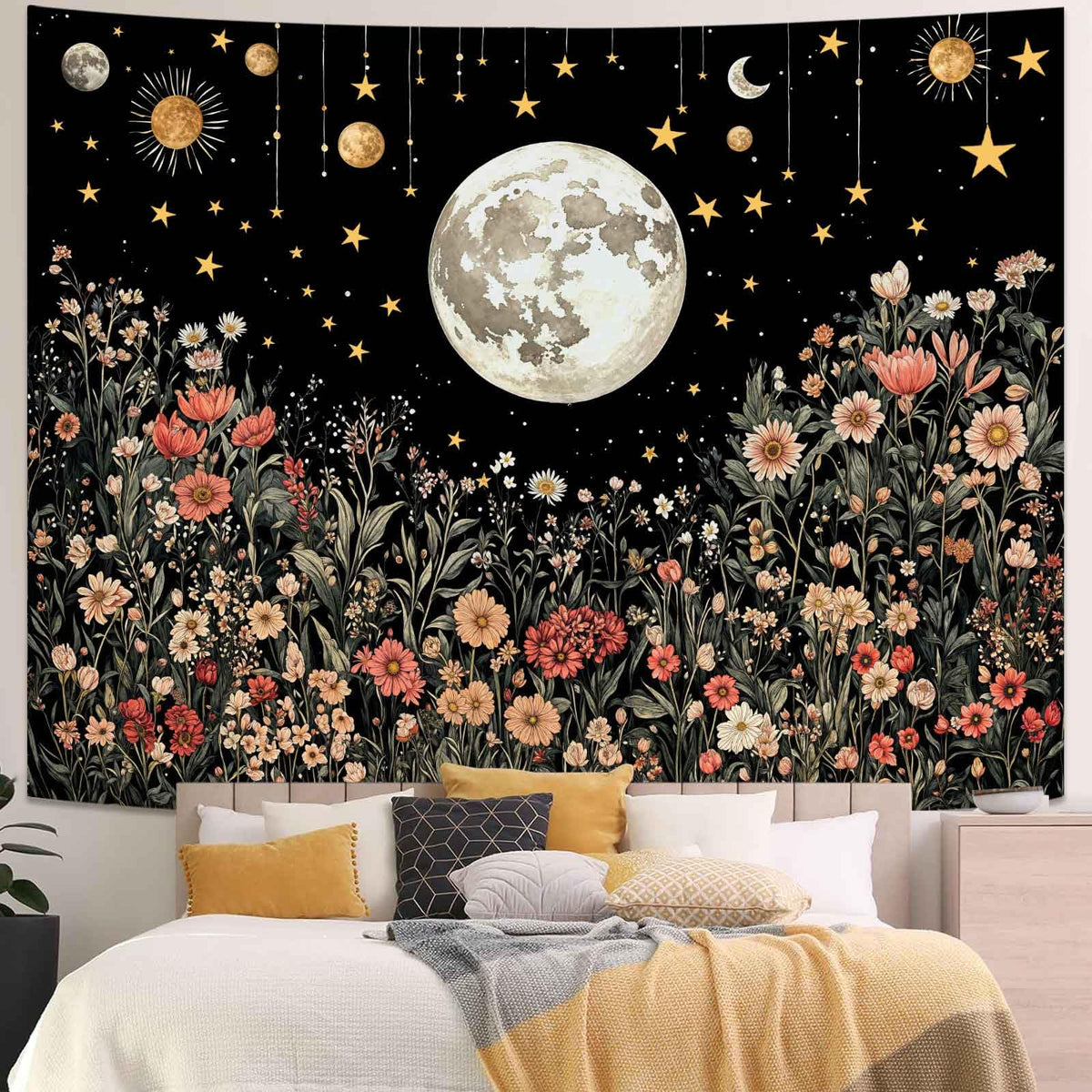 Enchanted Floral Night Sky Tapestry (80"L x 60"W / Black Moon)
