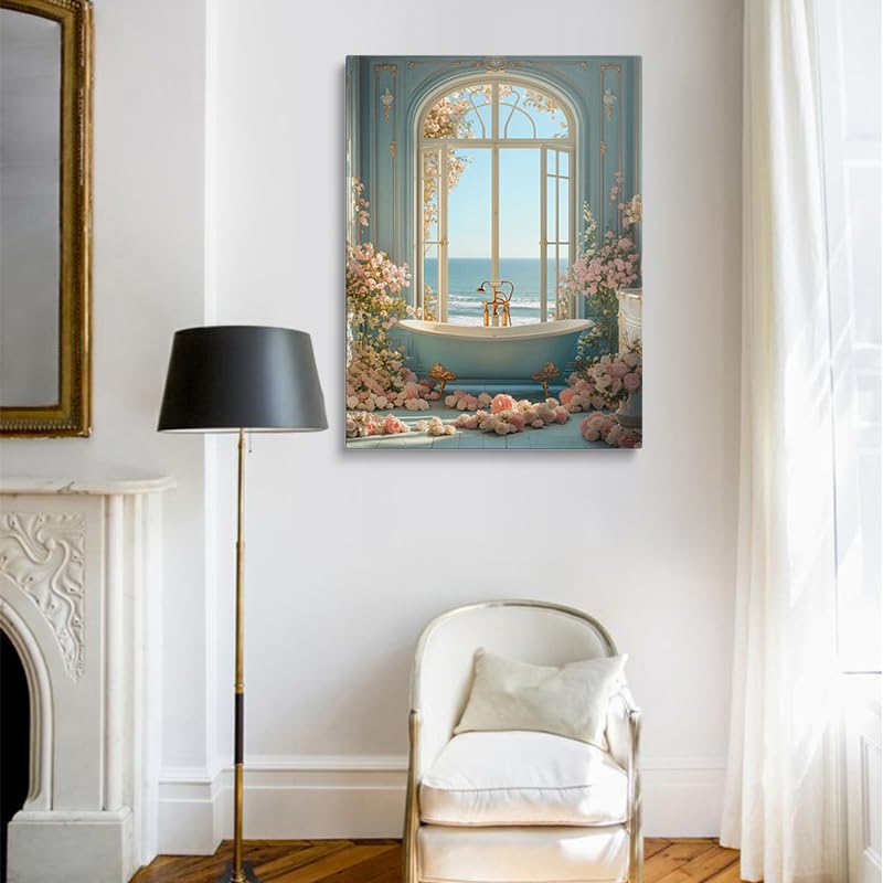 Coastal Blue Bathroom Canvas Wall Art Framed Floral Ocean Decor 16x24 Inch (Bathtub / 24"L x 16"W)