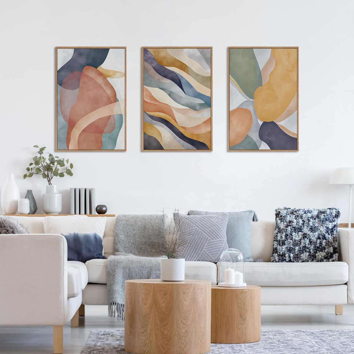 Large Abstract Neutral Framed Canvas Wall Art Set (Abstract Colorful Wall Art / 24''x36''x3)