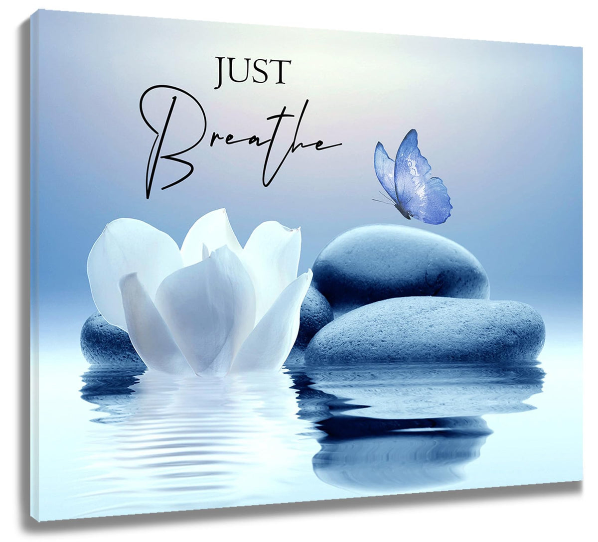 Zen Wall Art for Bathroom Butterfly and White Water Lily Flower on Blue Canvas Wall Art Wall Paintings Home Decor Modern Wall Pictures for Living Room Bedroom Office Ready To Hang (Blue / 12"L x 16"W)