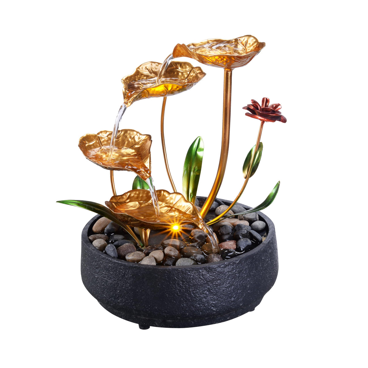 Tabletop Water Fountain Metal Lotus Circulating Fountain (Antique Gold)