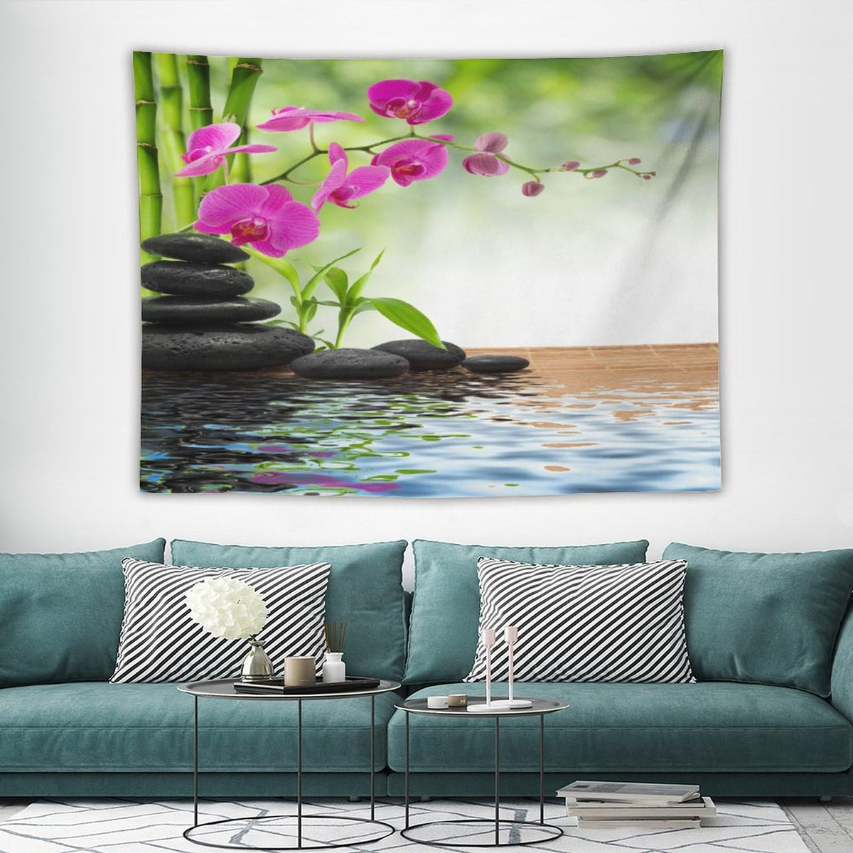 Spa Tapestry Wall Hanging Orchid Flowers Pebble Stones and Bamboo on Water Image Tapestries Home Decor for Living Room Bedroom Farmhouse Kitchen Dorm 60"x80" (60"L x 80"W / Zen-3)