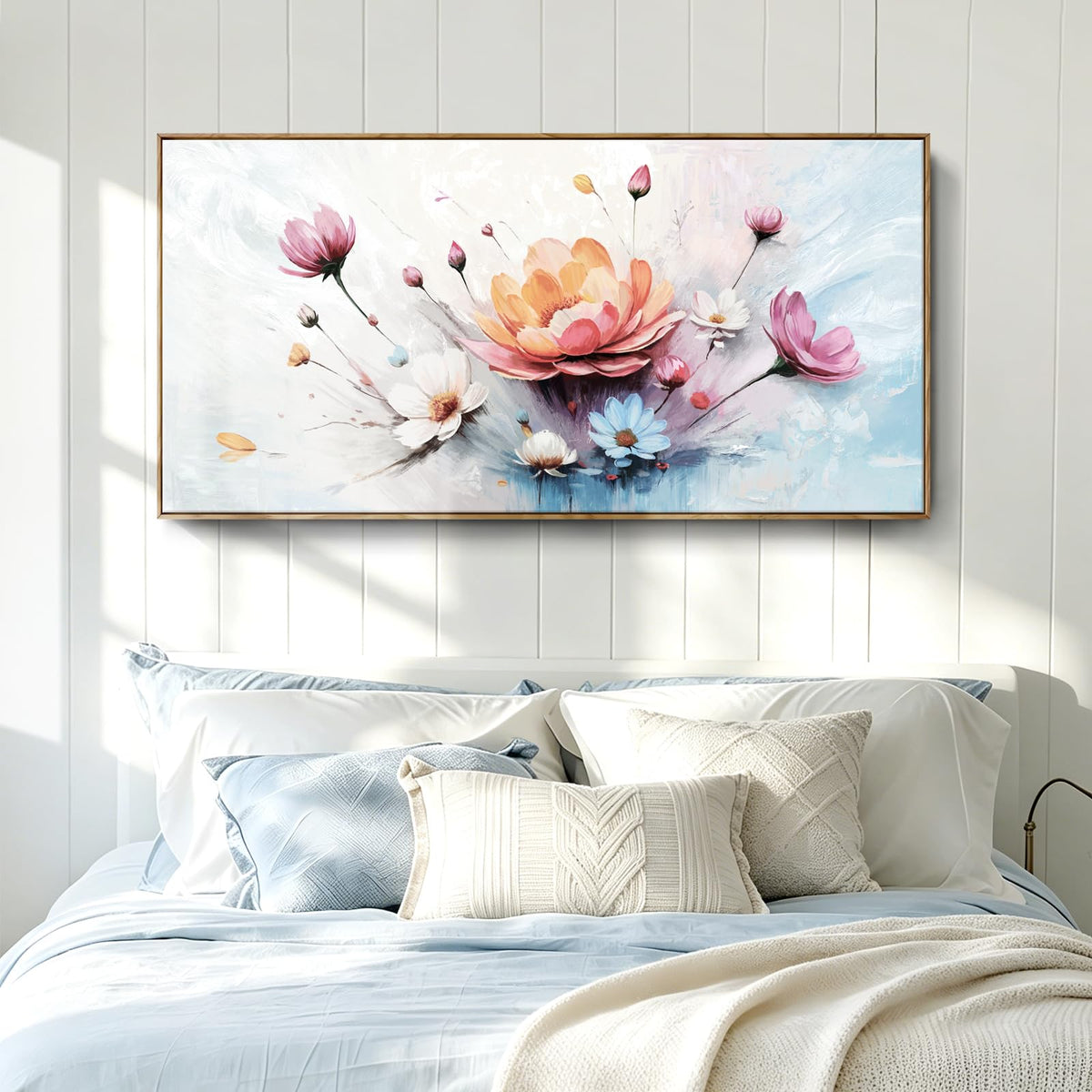 Overside Framed Abstract Flower Wall Art For Living Room 58X29 In (Colorful Flower Wall Art / 58"L x 29"W(Framed))