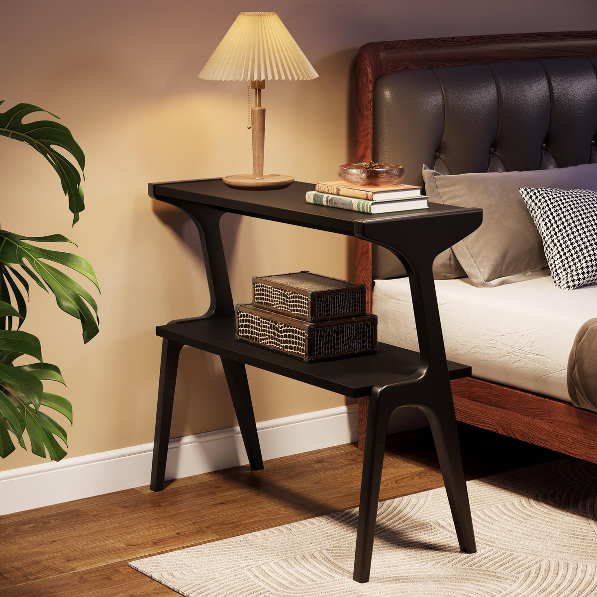 2 Tier Solid Wood Side Table (Black)