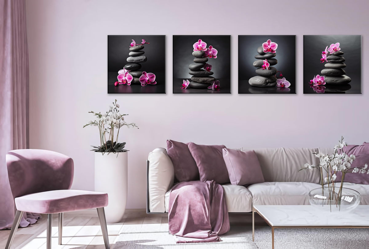 Zen Wall Art Purple Orchids and Zen Stones D cor Orchid Canvas Wall Art Flowers Spa Pictures Artwork Stretched and Framed Floral Wall Art Ready to Hang for Bedrooms Living Rooms Dining Areas (16X16inchX4 / Pink Orchid & Stone)