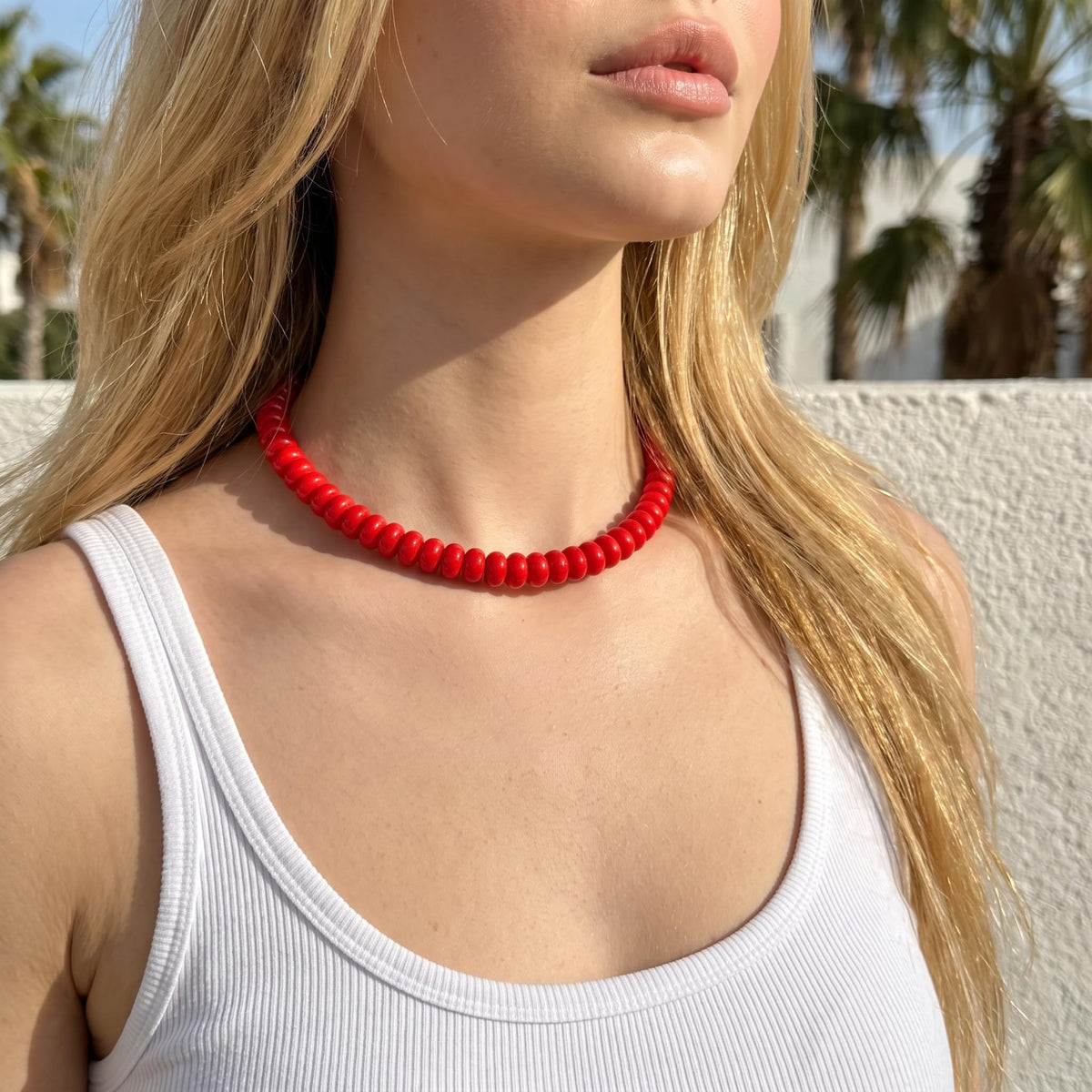 Red Natural Stone Beaded Choker Necklace for Women (Tangerine-color)