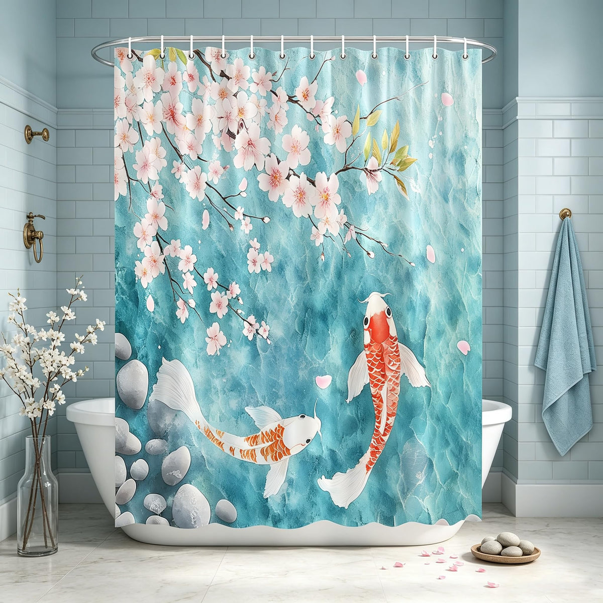 Cherry Blossom Shower Curtain (Blue Pink / 70"W x 70"L (Pack of 1))