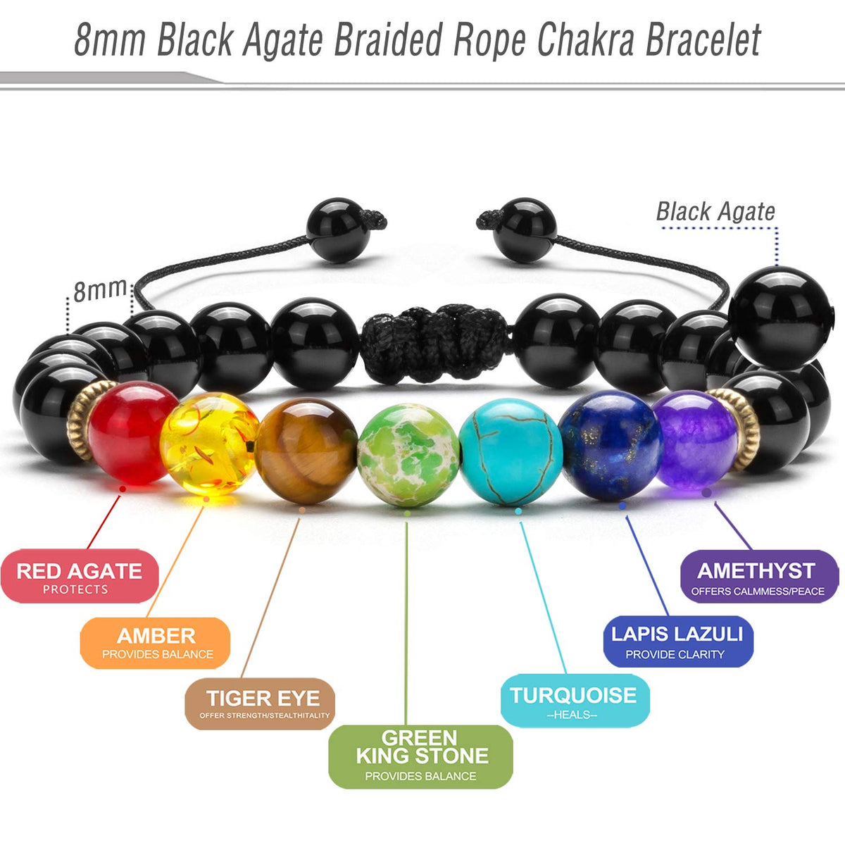 Men Women 8mm Lava Rock Beads Chakra Bracelet (Black agate)