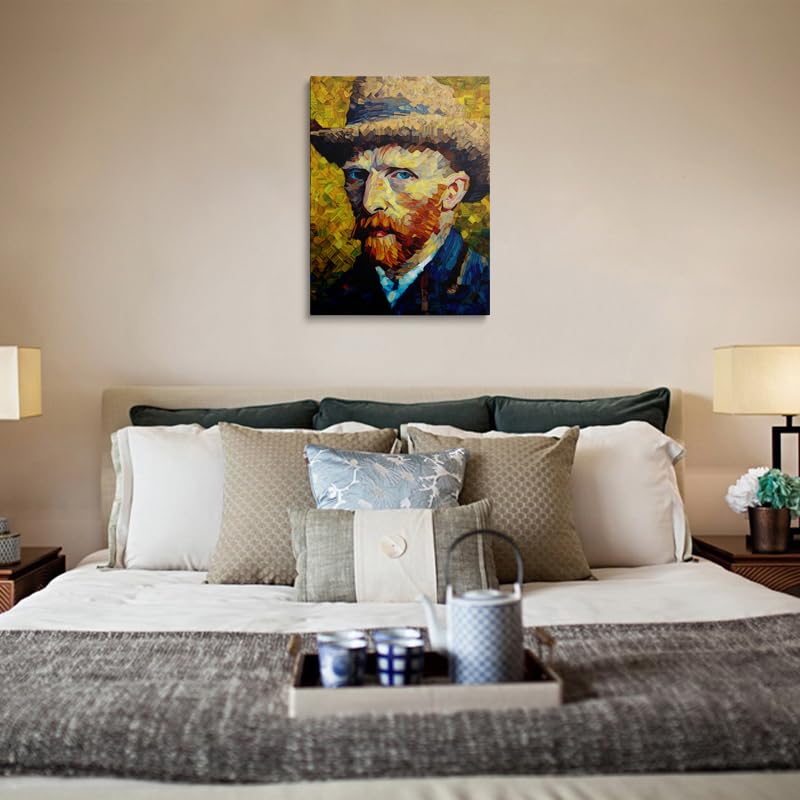 Abstract Van Gogh Portrait Canvas Wall Art Framed Painting Modern Cubist Style Vincent with Straw Hat Geometric Brushstrokes in Vibrant Colors Orange Blue Gallery Wall Decor Artwork 16x24 Inches (van gogh / 24"L x 16"W)