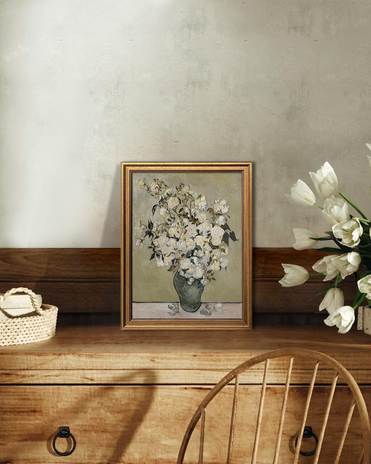 White Still Life Roses Oil Painting Gold Framed Wall Art 8x10inch (Still Life Roses / 10"L x 8"W)