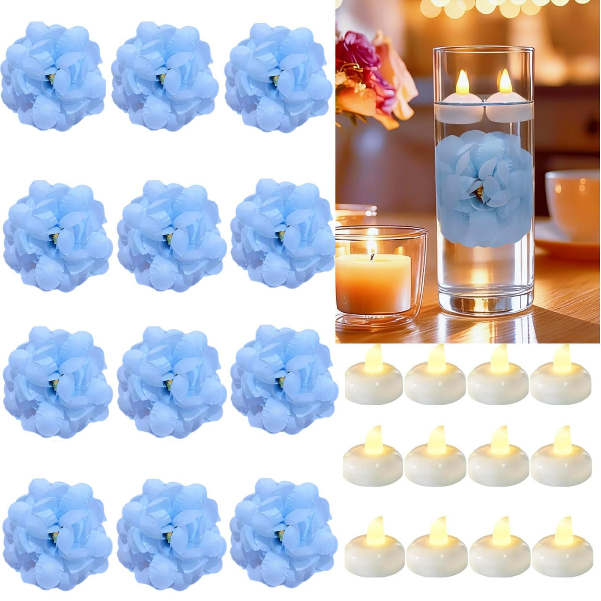 24 Pack Flameless Floating Candles for Centerpieces with Floating Flower (Blue)