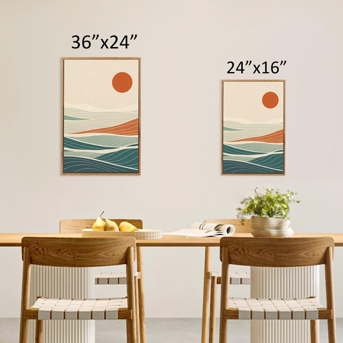 Beach Sunrise Framed Canvas Wall Art Set (Waves Line Art / 24"L x 36"W)
