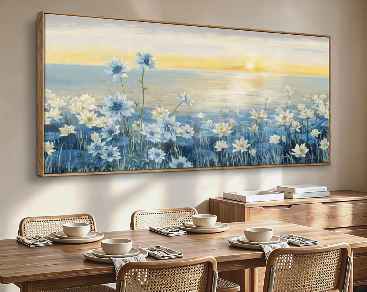 Giant Framed Wall Art for Living Room Extra large Modern Coastal Beachy Canvas Wall Art Big Floral Sunrise Blue Wall Picture Oversized Lake Nature Sunset Artwork Office Bedroom Decor 71“x31” (Sunrise Wall Art / 71"L x 31"W)