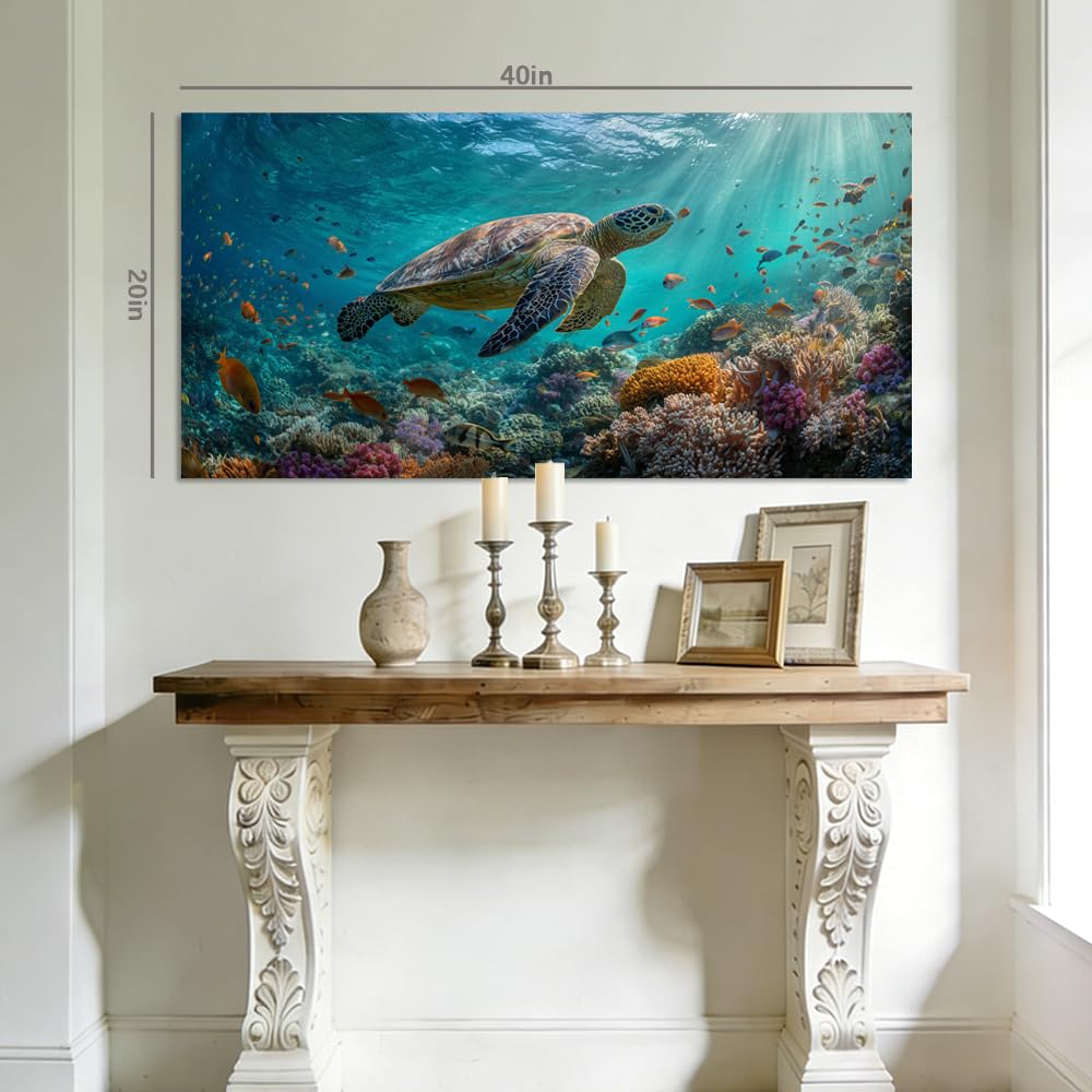 Green Tropical Sea Turtle Wall Art for Living Room Canvas Painting Prints (Coastal / Orange Sea Turtle 104 / 46"L x 23"W)