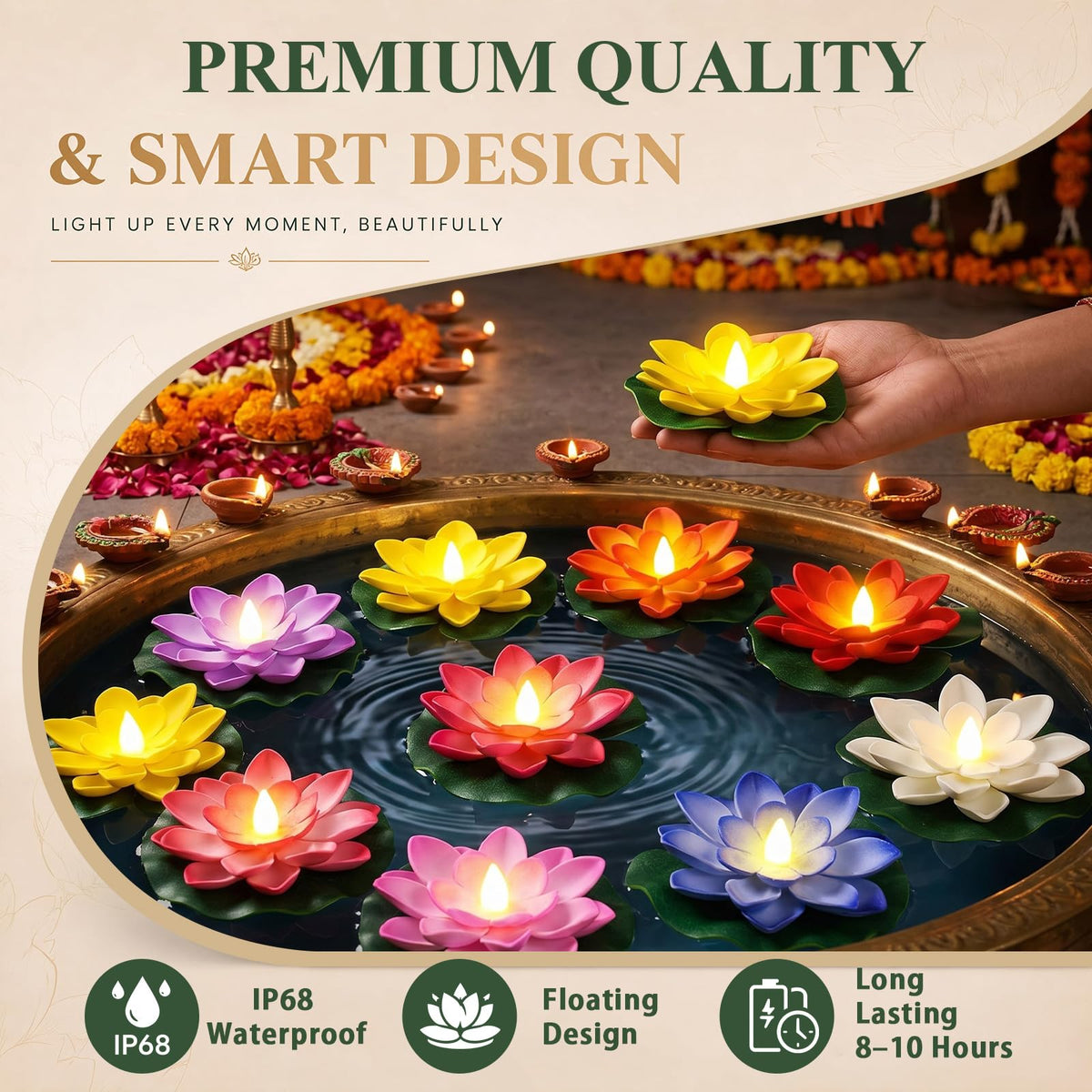 8 Pcs Diwali Floating Lotus Lights (8 Colors / 3.94 Inch)