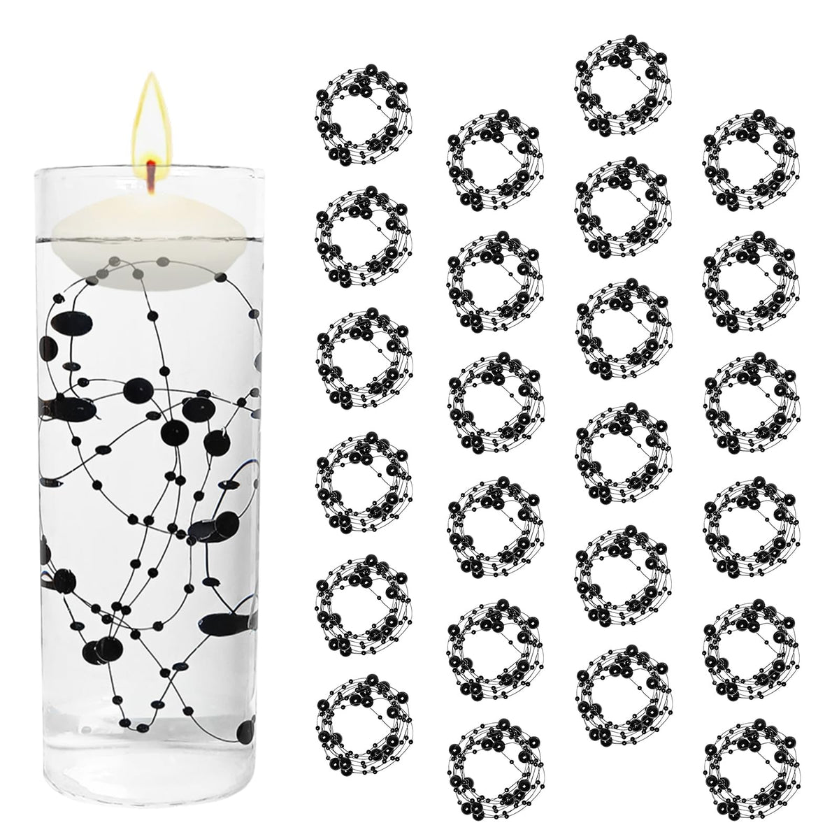 24 Items Black Artificial Pearls Beads String for Floating Candles (Black)