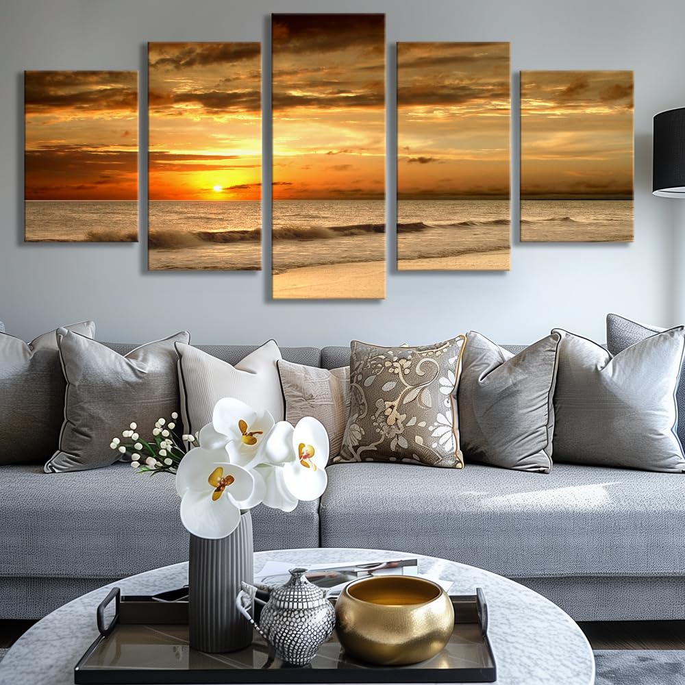 5 Parts Ocean Wave Canvas Wall Art Beach Dusk sea View Sunset Pictures Coastal Nature Artwork Blue Sea Painting Prints for Living Room Bedroom Home Office Decoration (16x24inchx2,16x32inchx2,16x40x1 / Artwork4)