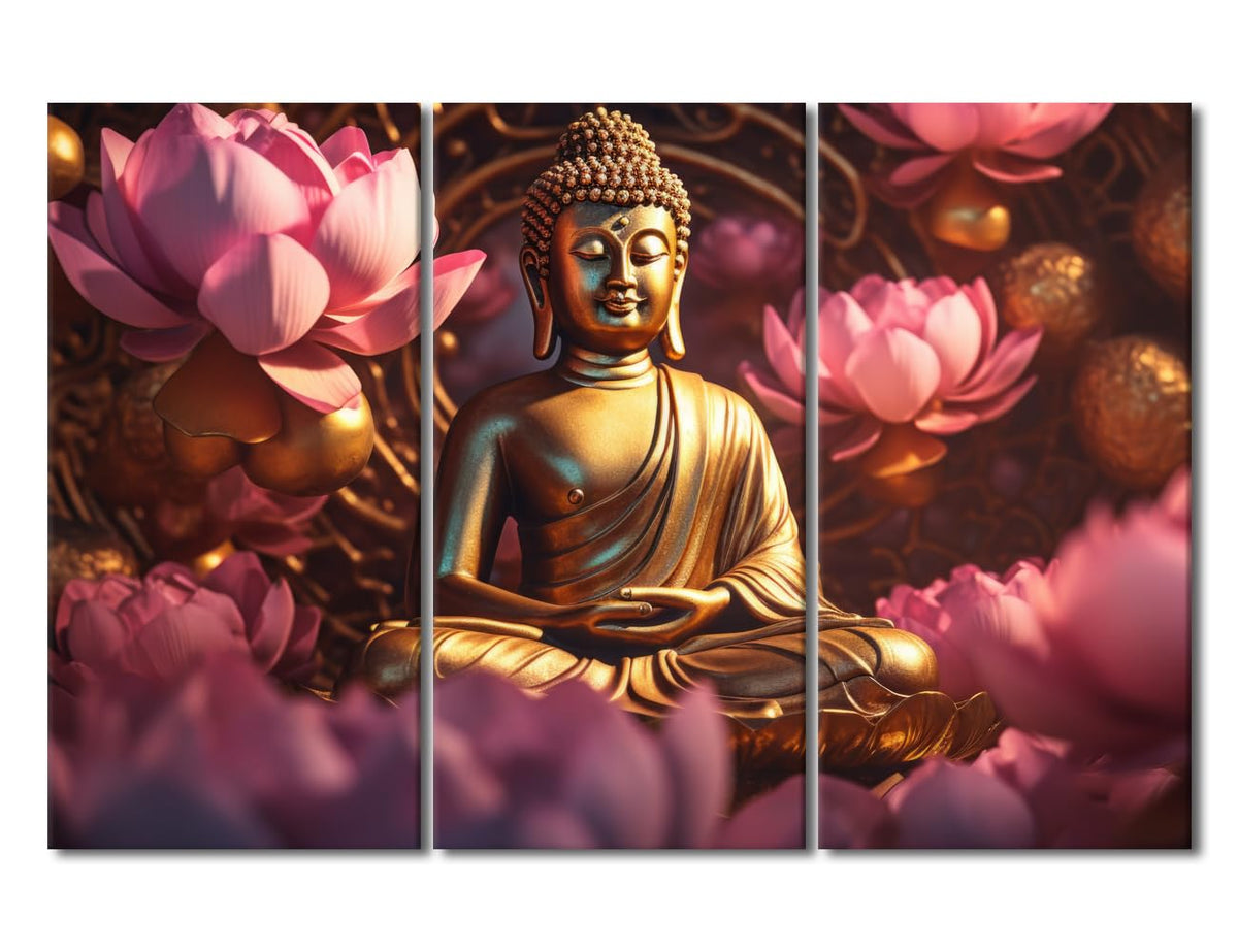 Buddha Statue Surrounded By Flowers Wall Art Decor for Entryway (60x40 in / 3PANEL-19)