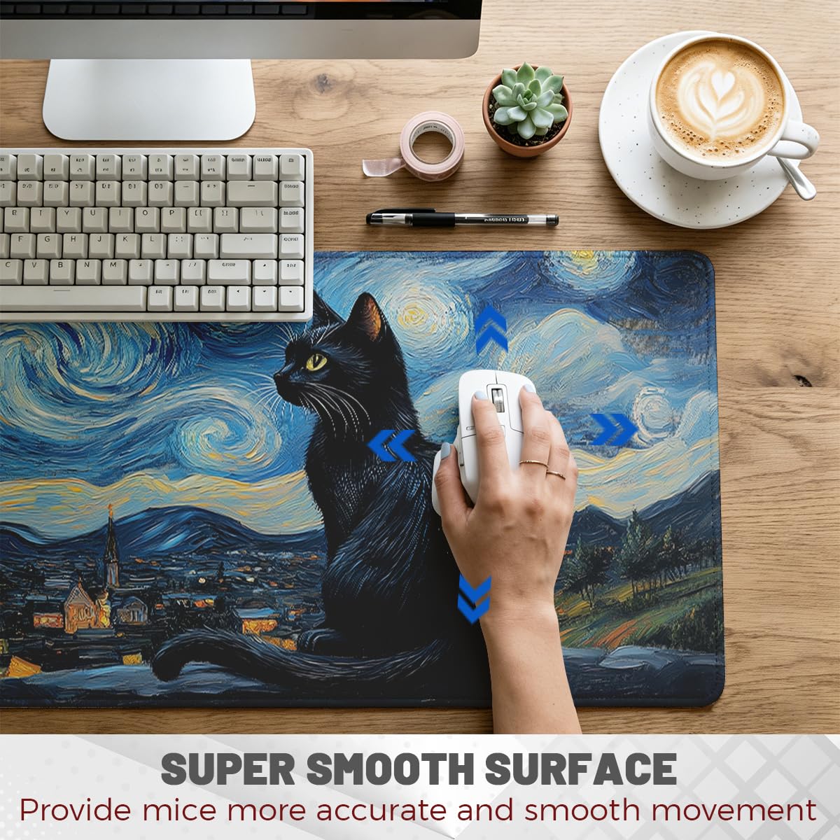 Black Cat Large Gaming Mouse Pad Moon Celestial Starry Night Art Desk Mat (Black Cat / 35.4L x 15.7W inches)