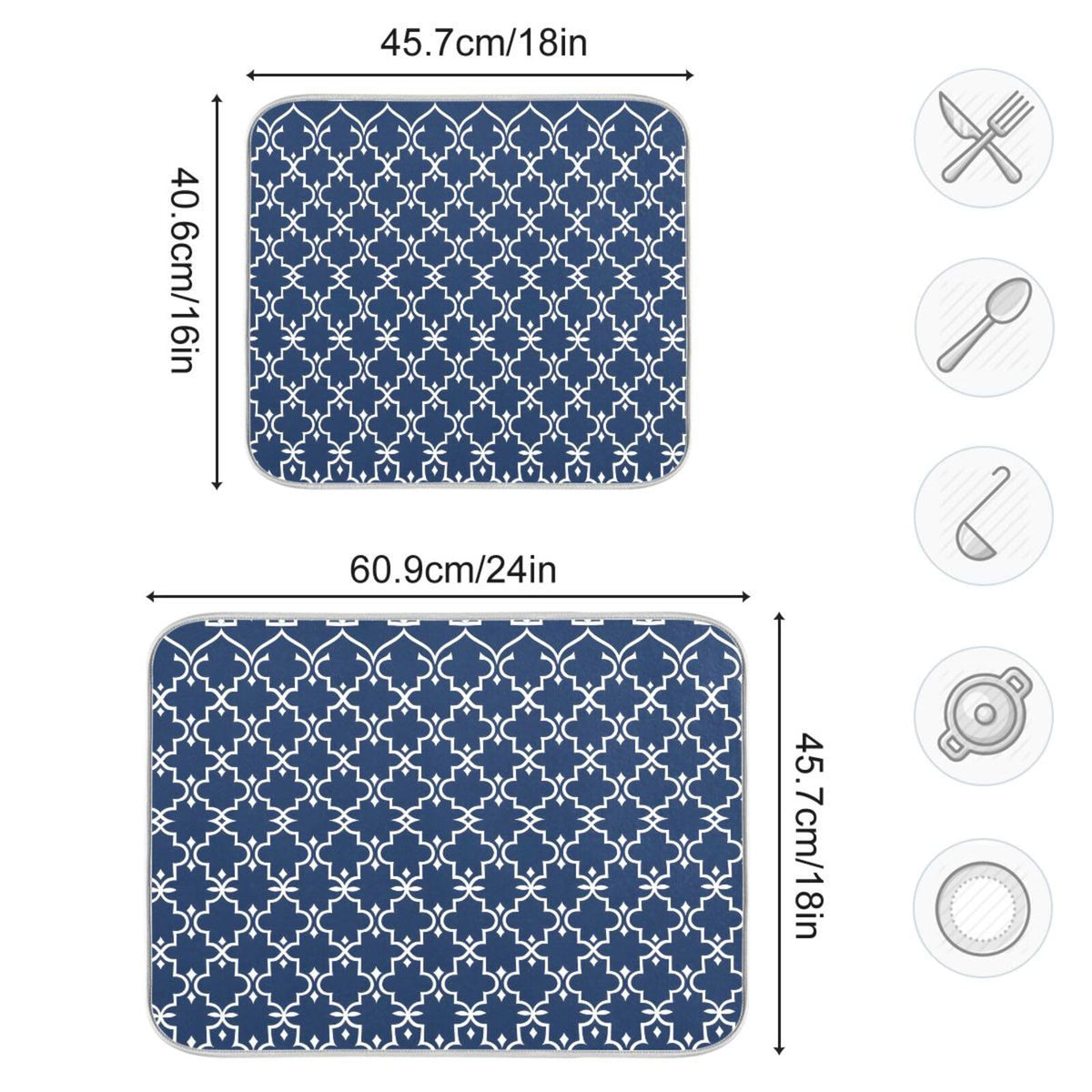 Super Absorbent Dish Drying Mat Microfiber Fast (Navy Blue Moroccan Mandala / 16" x 18")