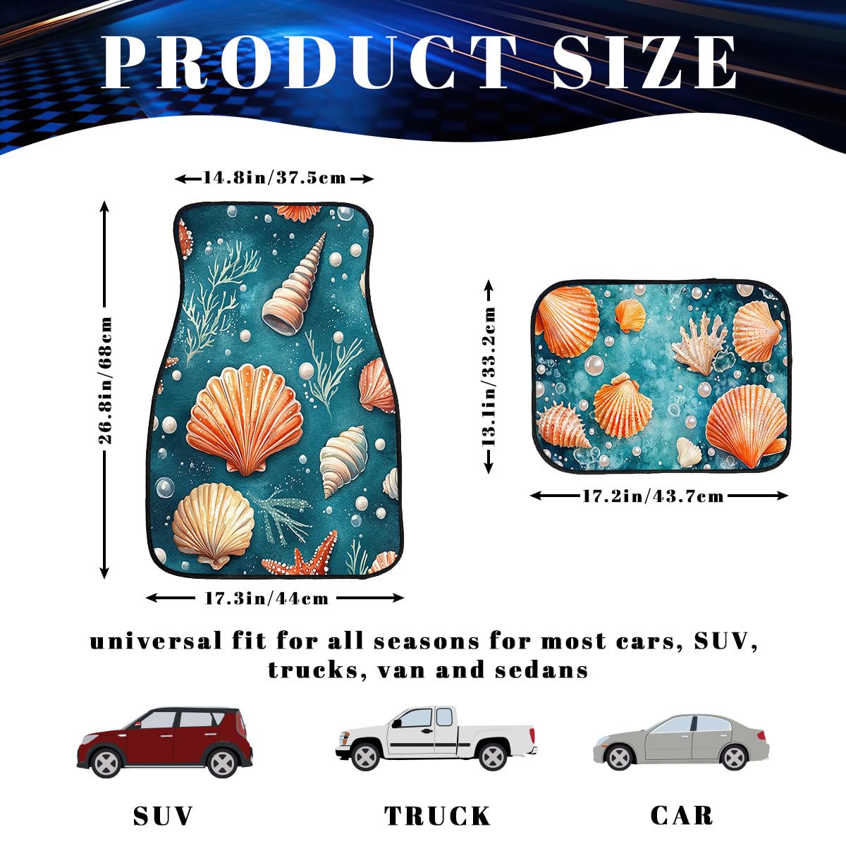 Seashell Car Floor Mats Set of 4 Pearl Watercolor Colorful Starfish Carpet Front Rear Carpets Mat Non (26.8"L x 17.3"W x 0.4"Th / Seashell)