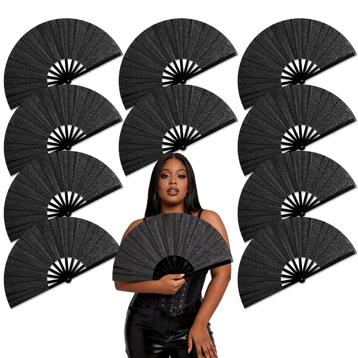 Glitter Line Dancing Rave Fans (Black)
