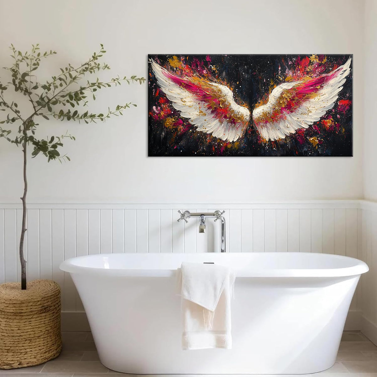 Multicolor Angel Wings Wall Art for Living Room Office Divine Inspiration Splatter Paint Art Painting Prints Contemporary Canvas Artwork Dining Bedroom Decor (Contemporary / White Gold Red Angel Wings Wall Art / 40"L x 20"W)