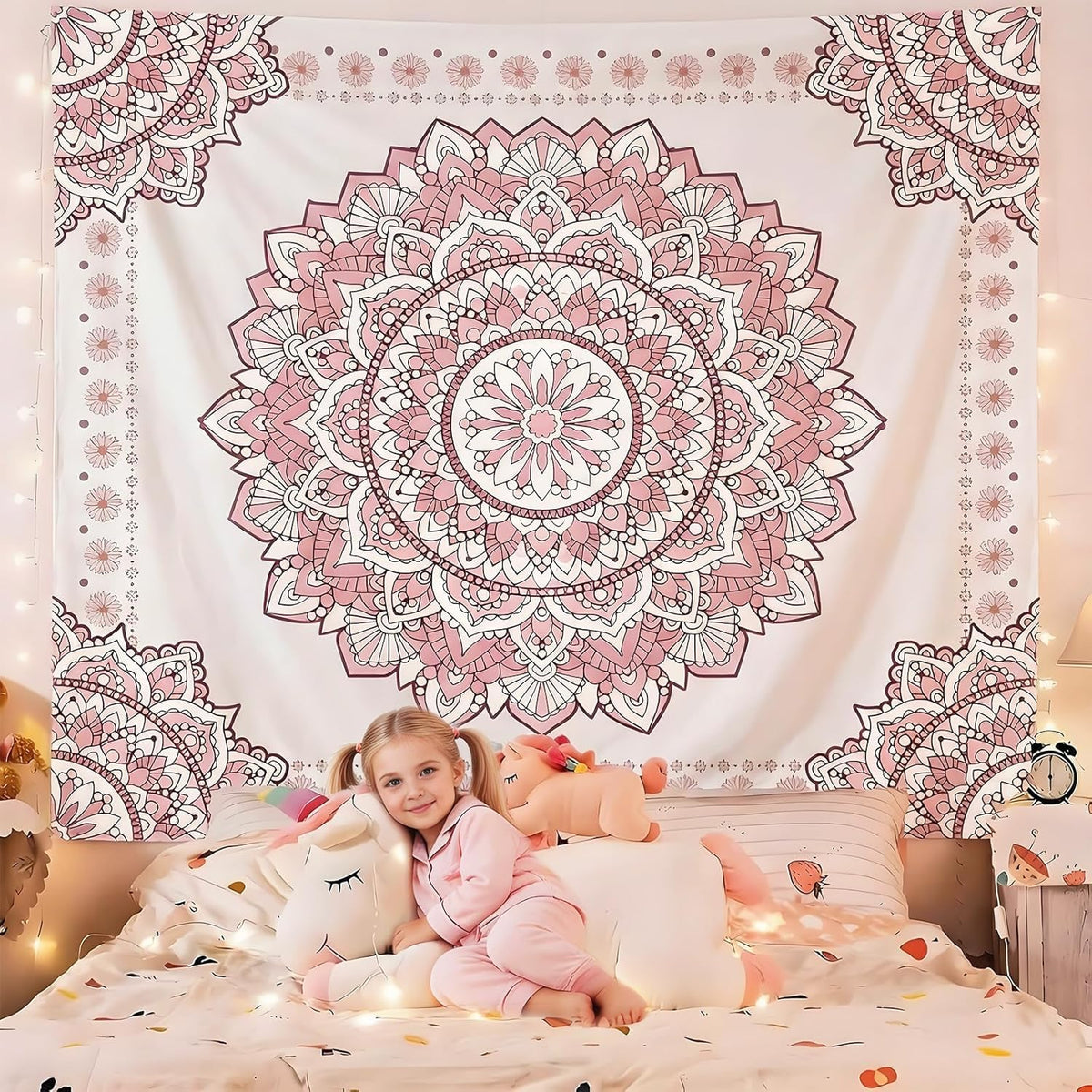 Pink Mandala Tapestry for Bedroom Aesthetic (A Pink Mandala Tapestry / 90"L x 71"W)