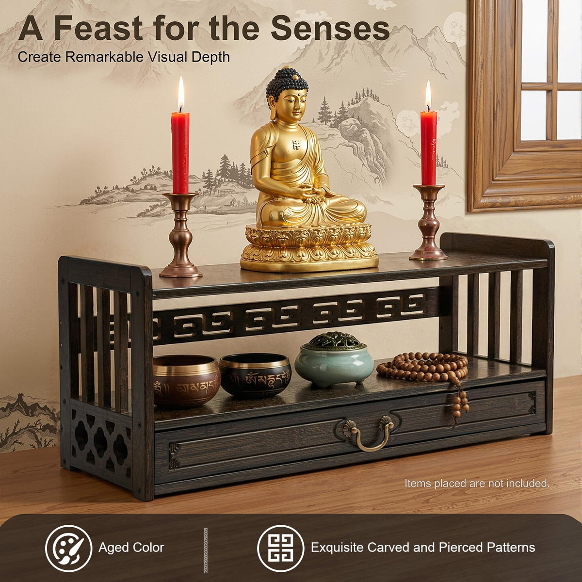Low 3 Tier Meditation Table with Drawer (Walnut Color / 27.2”W)