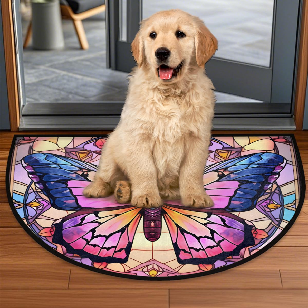 Half Round Doormat Window Butterfly Art Semi Circle Rug Non Slip Indoor Outdoor Entrance Half Moon Rug Washable Front Floor Mat for Kitchen Bathroom Patio Fireplace Holiday Decor (Z:butterfly 01)
