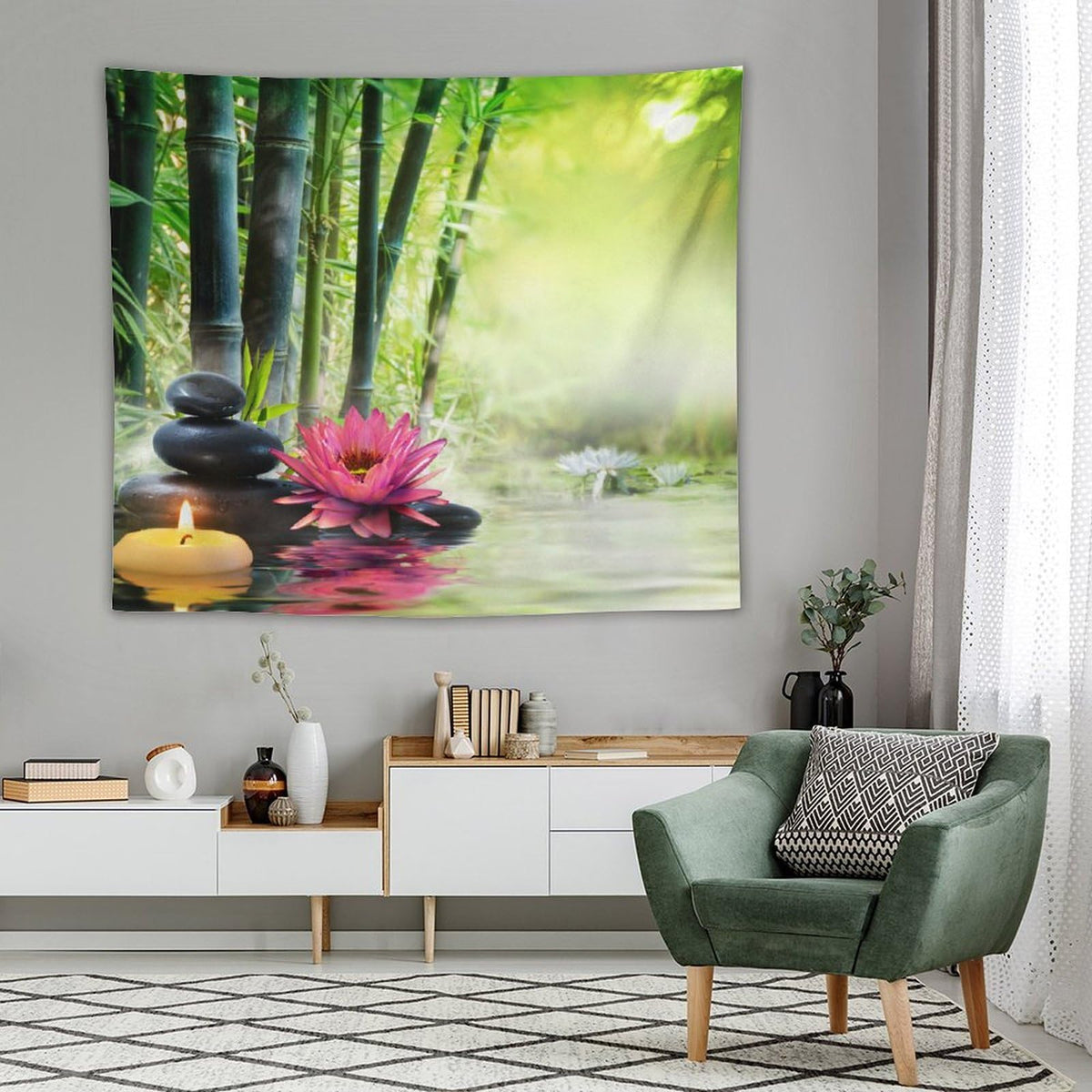 Japanese Garden View Tapestry Wall Hanging Spa Water Lotus Flower Zen Stone Relaxation Bamboos Candles Tapestries Home Decor for Living Room Bedroom Farmhouse Apartment Dorm 50"x60" (50"L x 60"W / Zen-17)