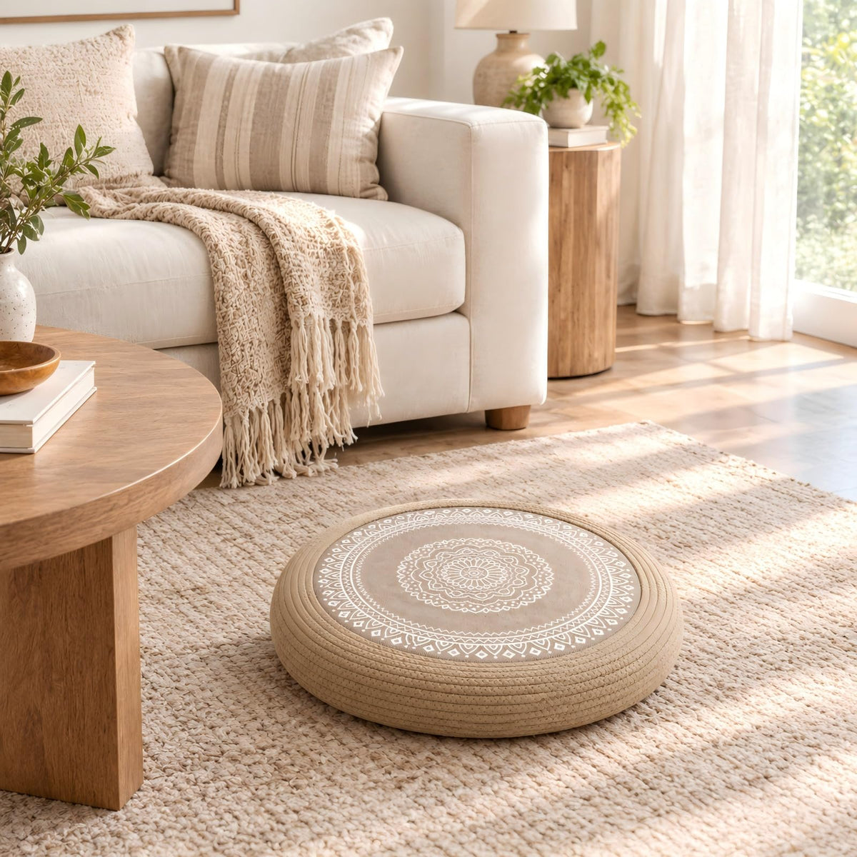 Handwoven Jute Pouf Ottoman (Yellow Brown White / 19.7"D x 19.7"W x 3.9"H)