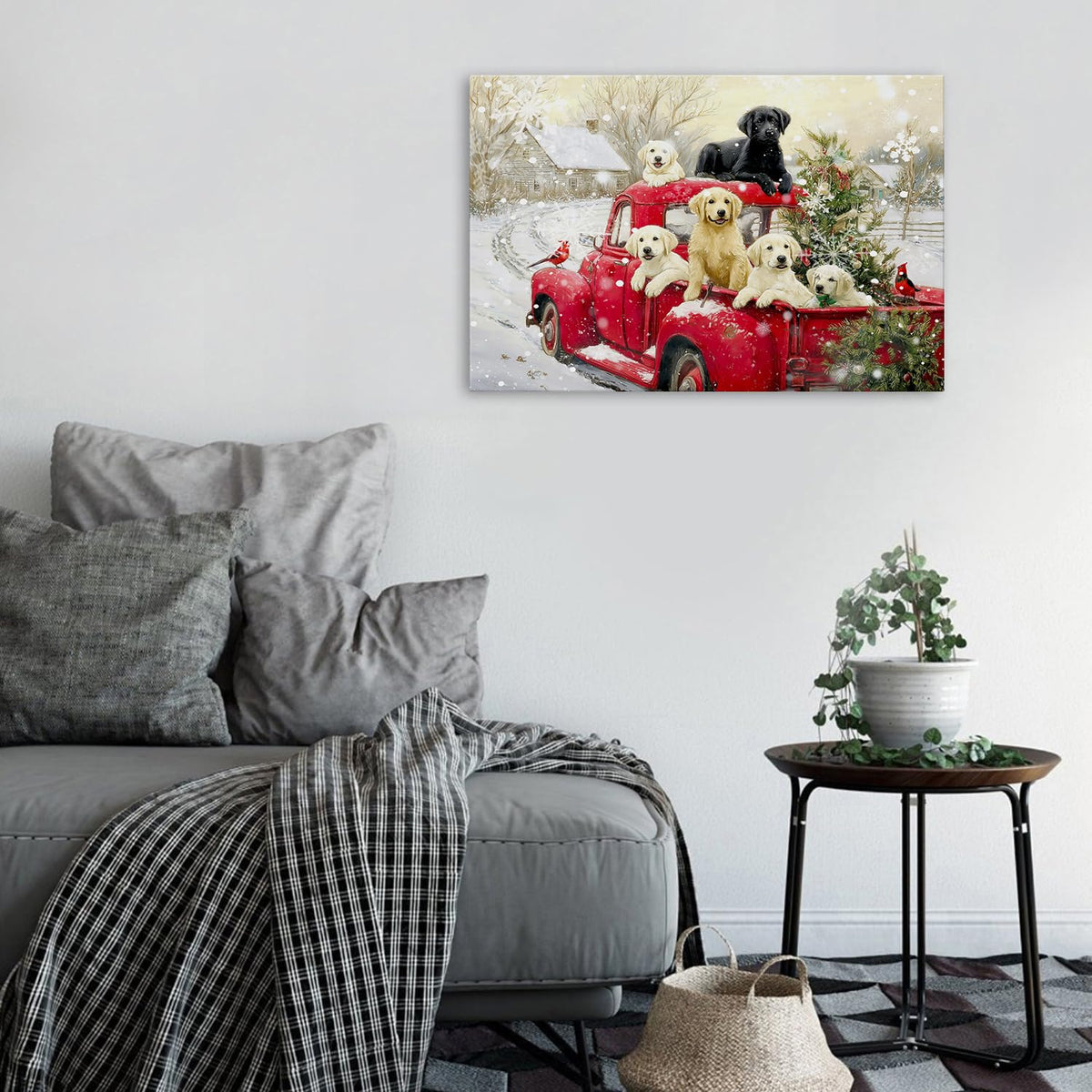 Christmas Canvas Wall Art for Living Room Vintage Red Truck Pictures Cute Farmhouse Dogs Wall Decor Rustic Christmas Tree Poster Retro Winter Country Scenic Artwork for Bedroom Home Decorations 16x24" (24"L x 16"W / Xmas Puppy)