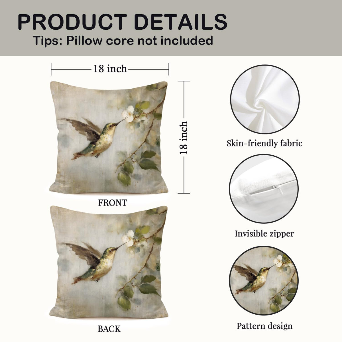 Vintage Floral Hummingbird Pillow Cover 18x18 (White-bird 6)