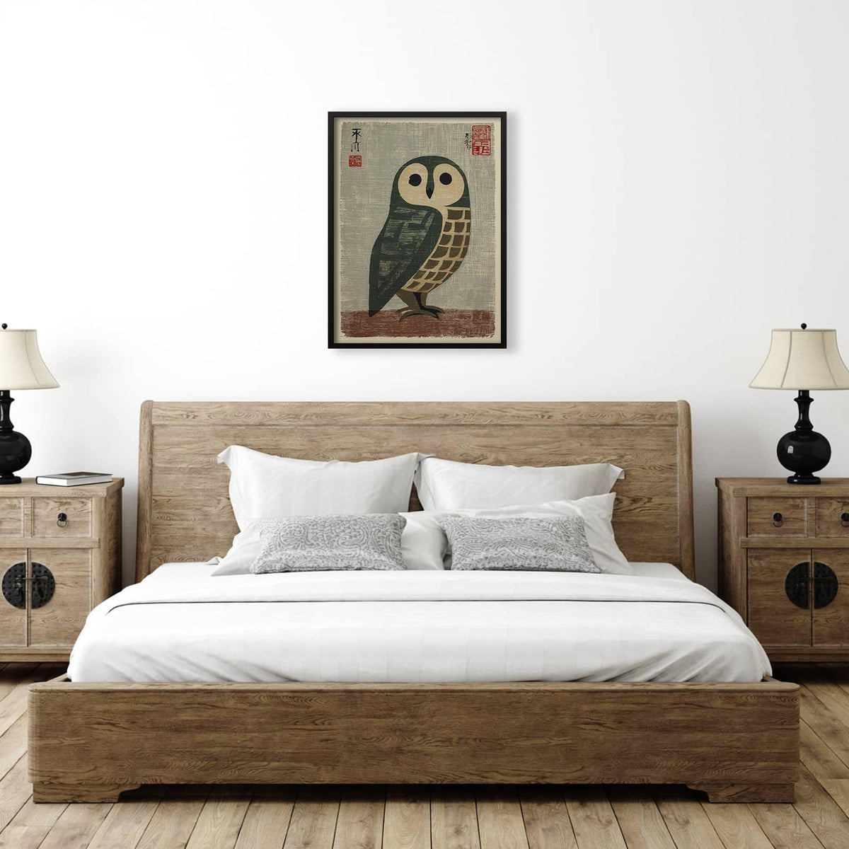 Black Framed Vintage Japanese Wall Art 20x30in Owl Poster Mid Century Animal Print Minimalist Bird Painting Nature Rustic Artwork for Lndie Room Bedroom Living Room Gallery Decor Ready to hang (Black Framed / Japanese Poster / 30"L x 20"W)