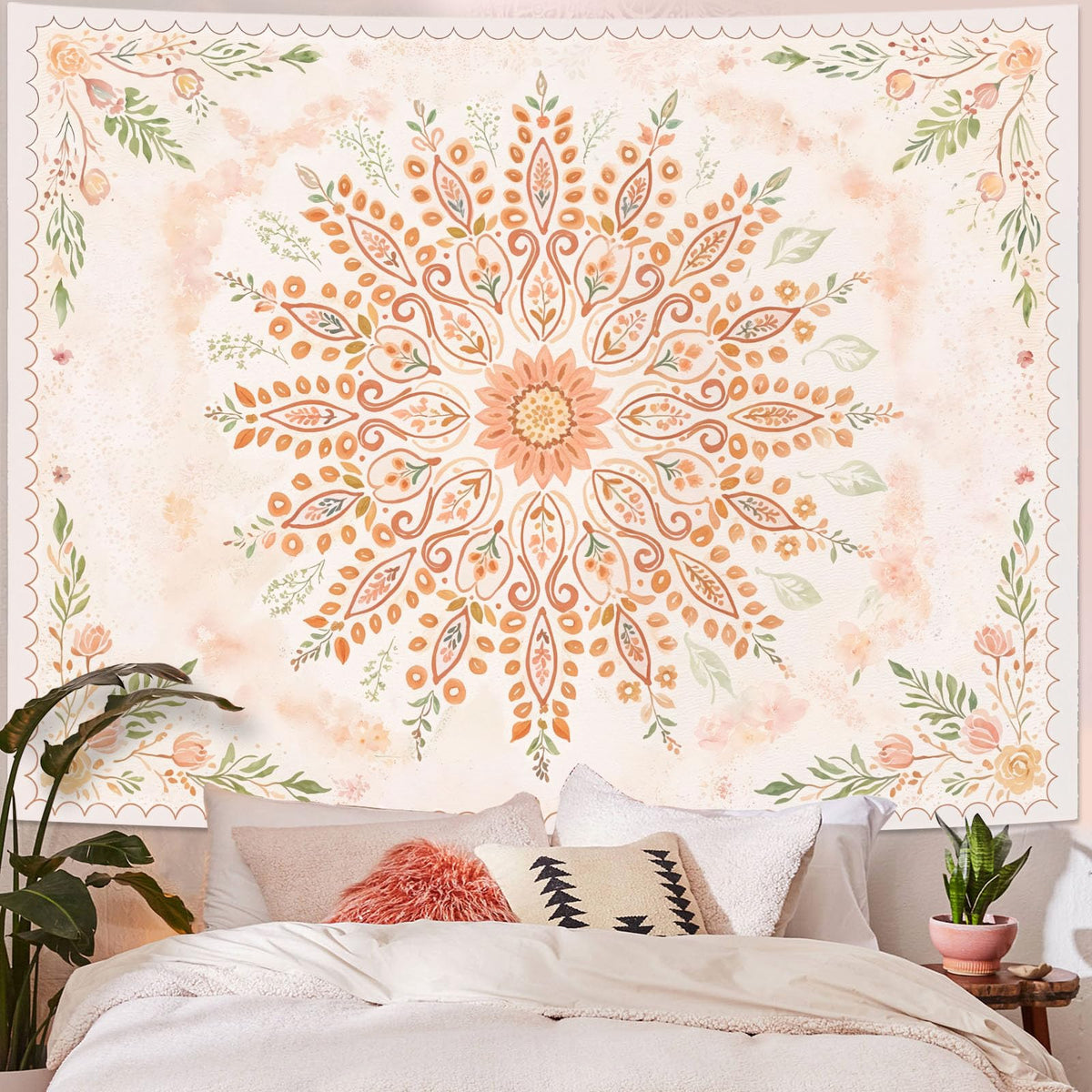 Floral Mandala Tapestry Boho Tapestry for Bedroom Peach Tapestries Wall Hanging Living Room Wall Art and Home Decor 70x90 (90"L x 70"W / Orange Yellow)