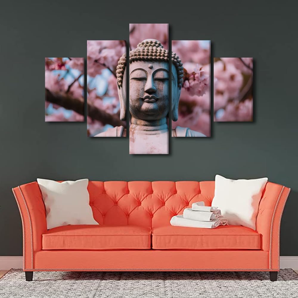 Canvas Wall Art for Living Room Modern Buddha Sculpture Wall Art Decor Buddha Statue Cherry Blossom Blossom Poster 5 Panel for Men Lady House Wall Art Decor Stretched Ready to Hang 60x40 in (60x40 in / 5PANEL-13)