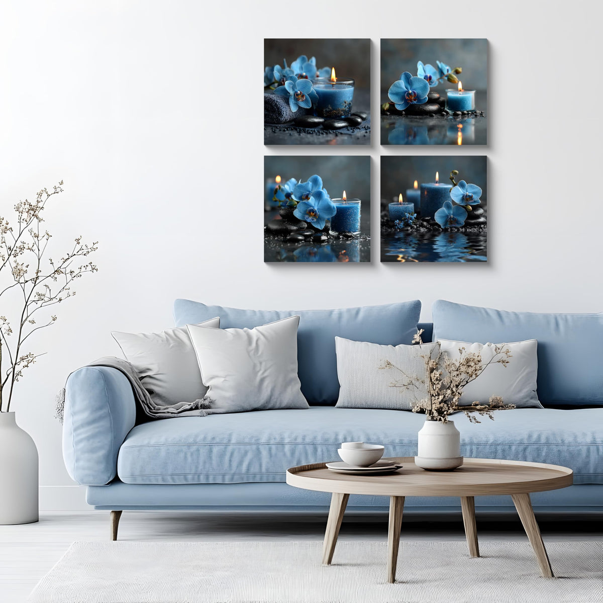 4PCS Blue Orchid Candle Spa Wall Art Zen Aromatherapy Canvas Print Relaxing Floral Still Life Artwork with Stones Modern Tranquil Bathroom Bedroom Meditation Decor for Home Spa Office (16X16inchX4 / Blue Orchid)