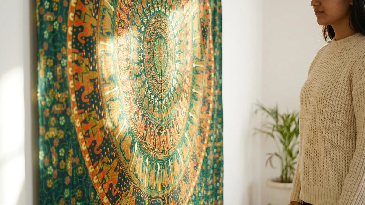 Queen Elephant Peacock Tapestry Wall Hanging Hippie Mandala Bohemian Hippy Meditation Psychedelic Design Indian Peacock Meditation Gypsy Tapestries Bedspread Army Green (88"L x 81"W / Army Green)