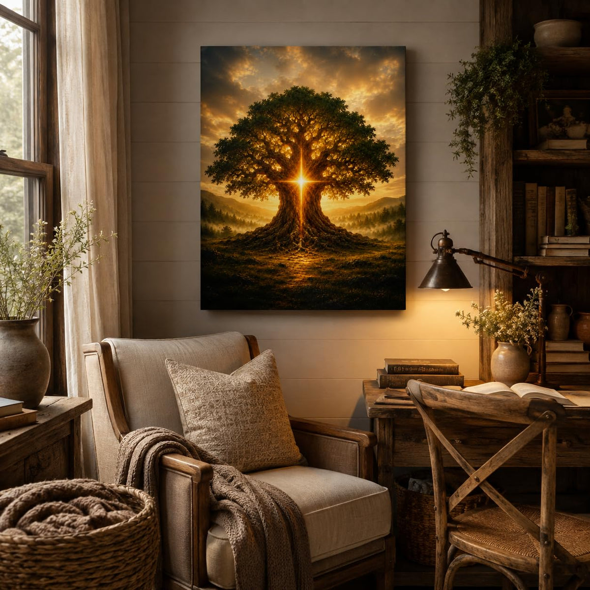 Tree of Life Canvas Wall Art Framed Golden Spiritual Landscape 12x16 Inch (Golden Tree / 16"L x 12"W)