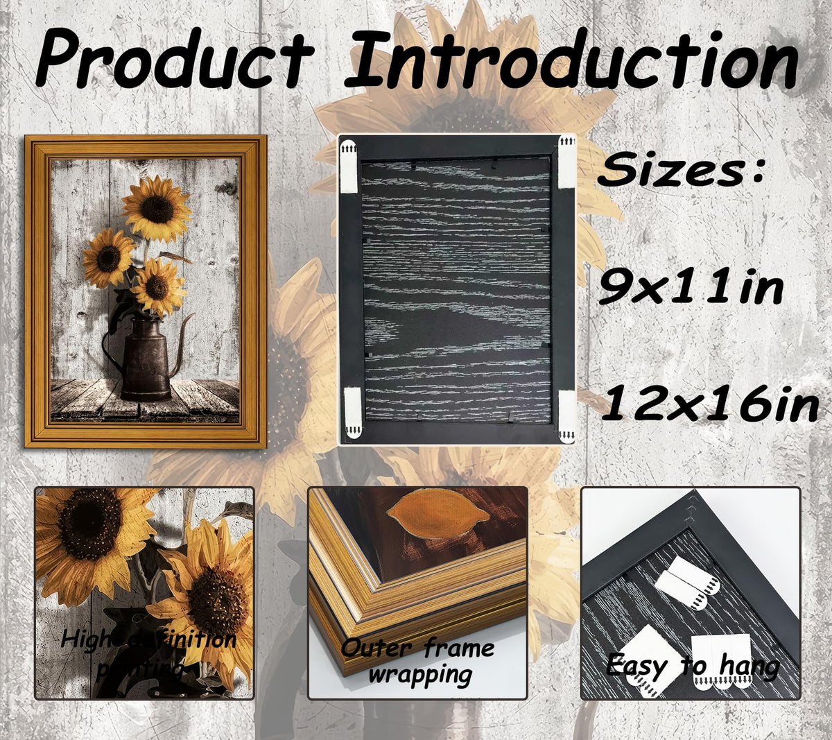 Vintage Gold Framed Canvas Wall Art (Sunflower / 11"L x 9"W)