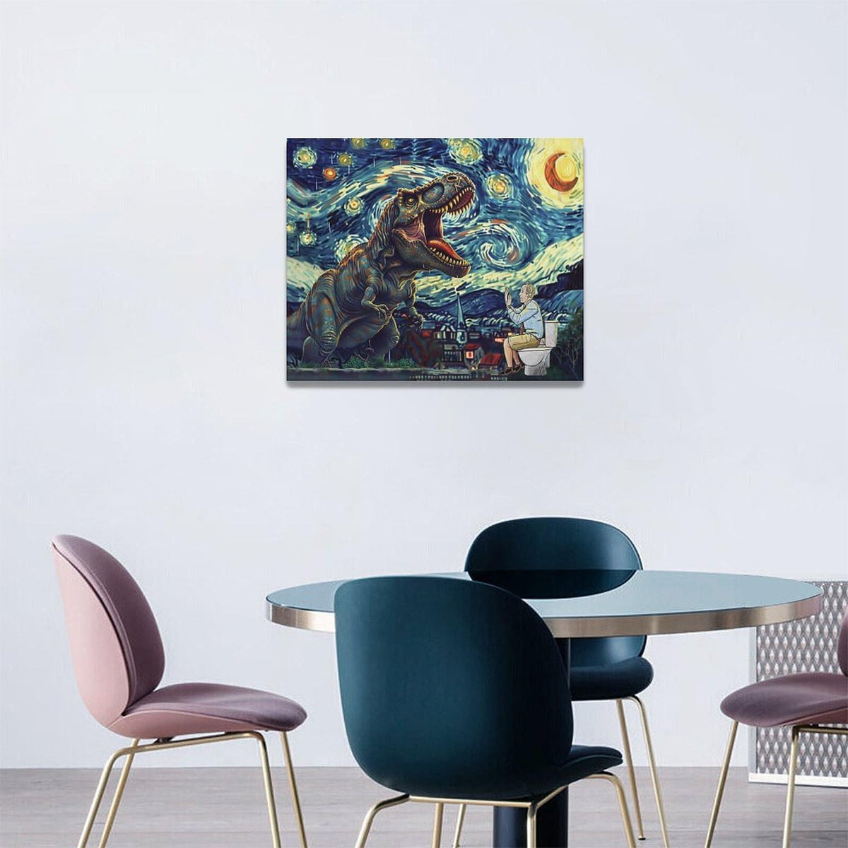 Dinosaur Bathroom Wall Art Starry Night Funny Bathroom Pictures Wall Decor Dinosaur Canvas Painting Print Home Modern Artwork Decorations Framed for Bathroom Living Room Bedroom Office 20 x 16 inch (20"L x 16"W / Dinosaur)