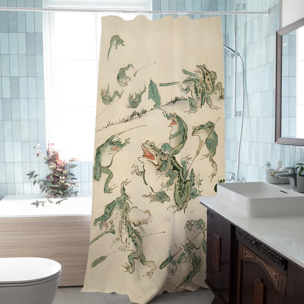 Funny Frog Shower Curtain Sets Battle of the Frogs Bathroom Curtain Asian Japanese Retro Art Curtain for Bath Waterproof Fabric with 6 Hooks (Battle Frog / 36"W x 72"L (Pack of 1))