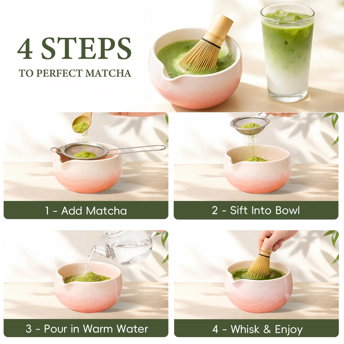 Matcha Whisk Set with Ceramic Bowl & Bamboo Chasen (Gradient Pink)