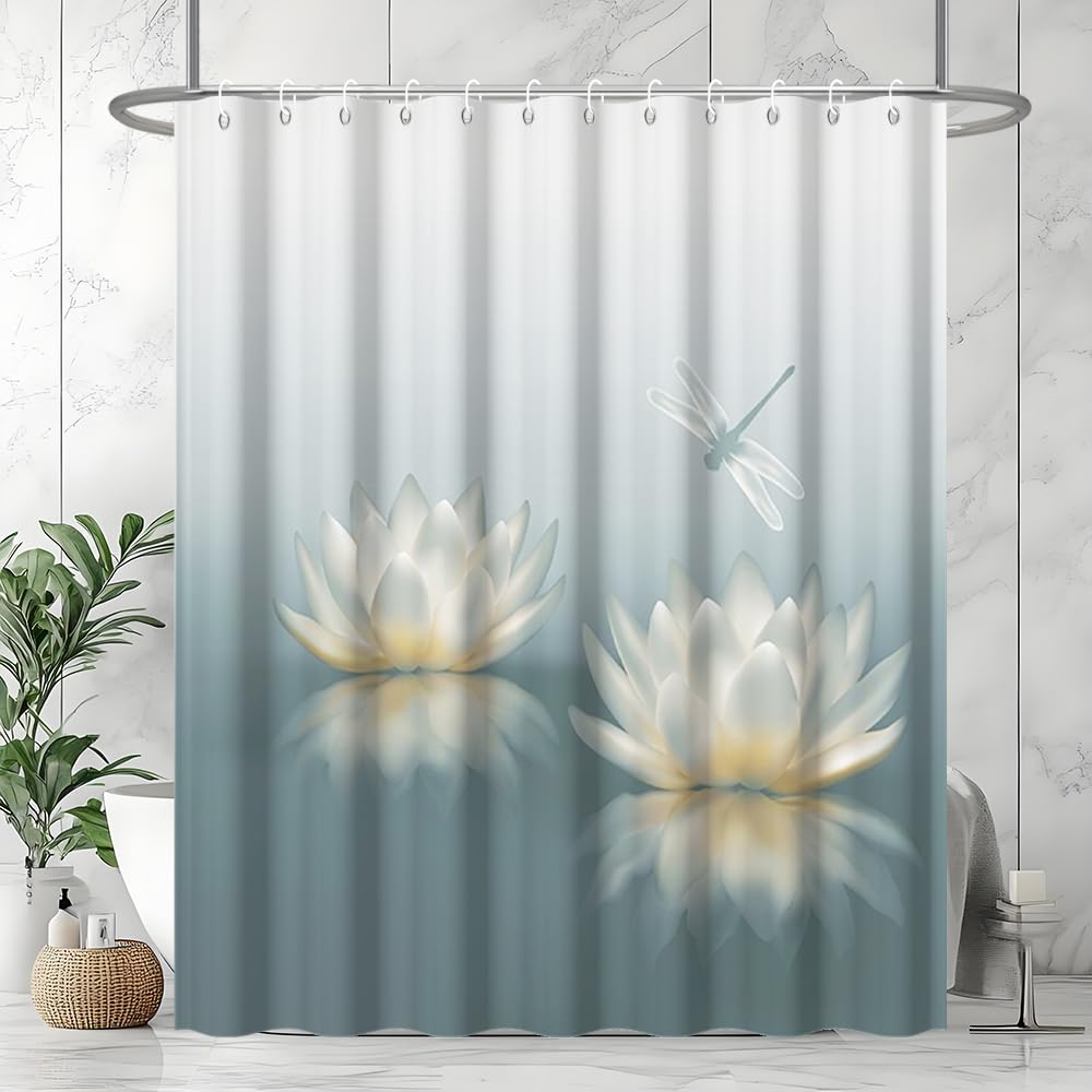 72x84inch Japanese Lotus Shower Curtains for Bathroom Waterlily Floral Blossom Dragonfly Gradient Bath Curtain for Asian Zen Spa Washroom Decoration Waterproof Polyester Fabric with Hooks (72"W x 84"L (Pack of 1) / Grey Blue)