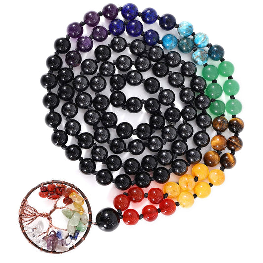108 Mala Beads Necklace Tree of Life 7 Chakra Wrap Bracelet Real Healing Gemstone Yoga Meditation Hand Knotted Mala Prayer Bead Necklace (8mm / Black Agate)