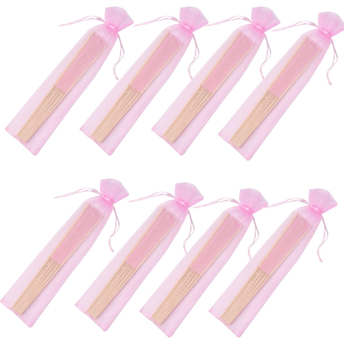 24pcs Imitated Silk Hand Fan Imitated Silk Fabric Bamboo Handheld Folded Fan Bridal Dancing Props Church Wedding Party Favors with Organza Bags (Pink)