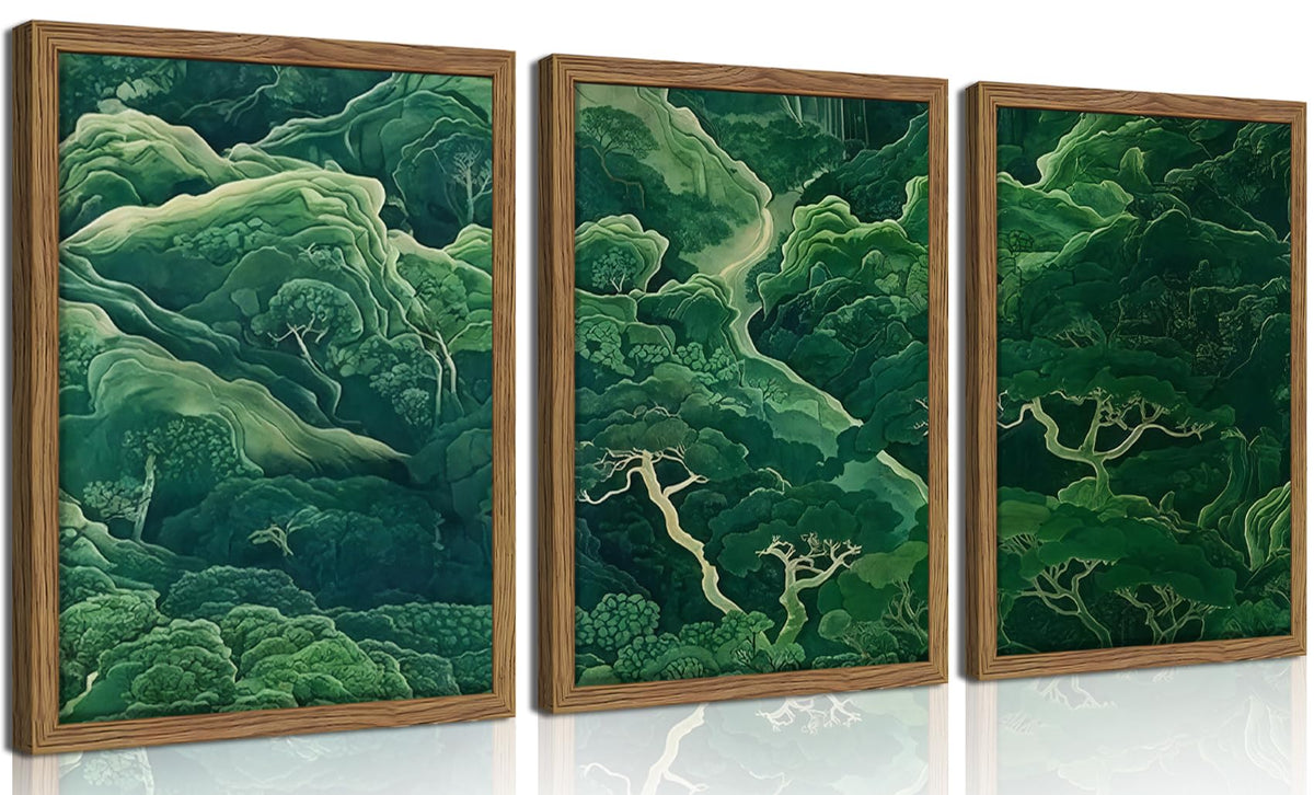 Japanese Nature Forest Wall Art Set of 3 (Green Book Mountain / 24"L x 16"W)