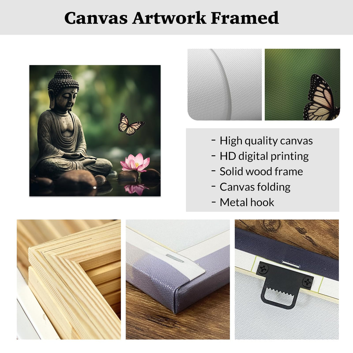 Green Zen Wall Art Buddha Pictures Lotus Flower Art Print With Butterfly Spa Artwork Canvas Calming Meditation Spiritual Bathroom Decor Framed (E / 28"L x 28"W)