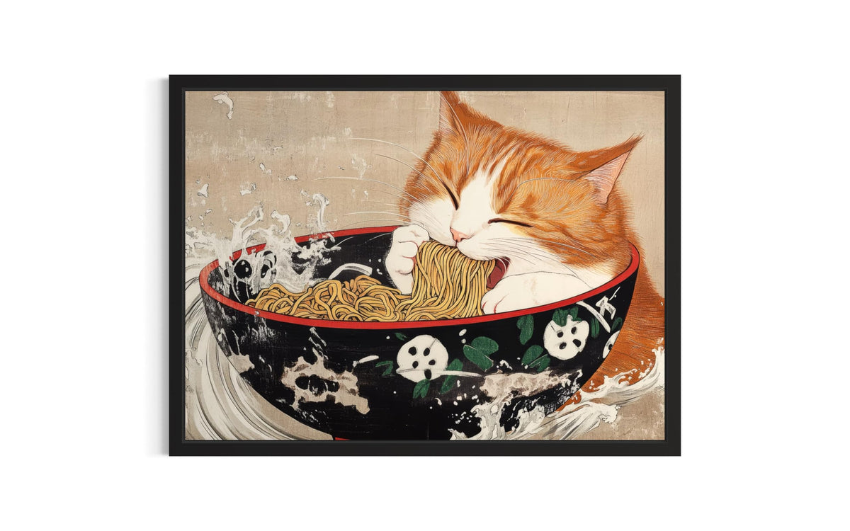 Cat Eating Ramen Black Framed Wall Art Print Poster (Cat Eating Ramen / 20"L x 16"W)